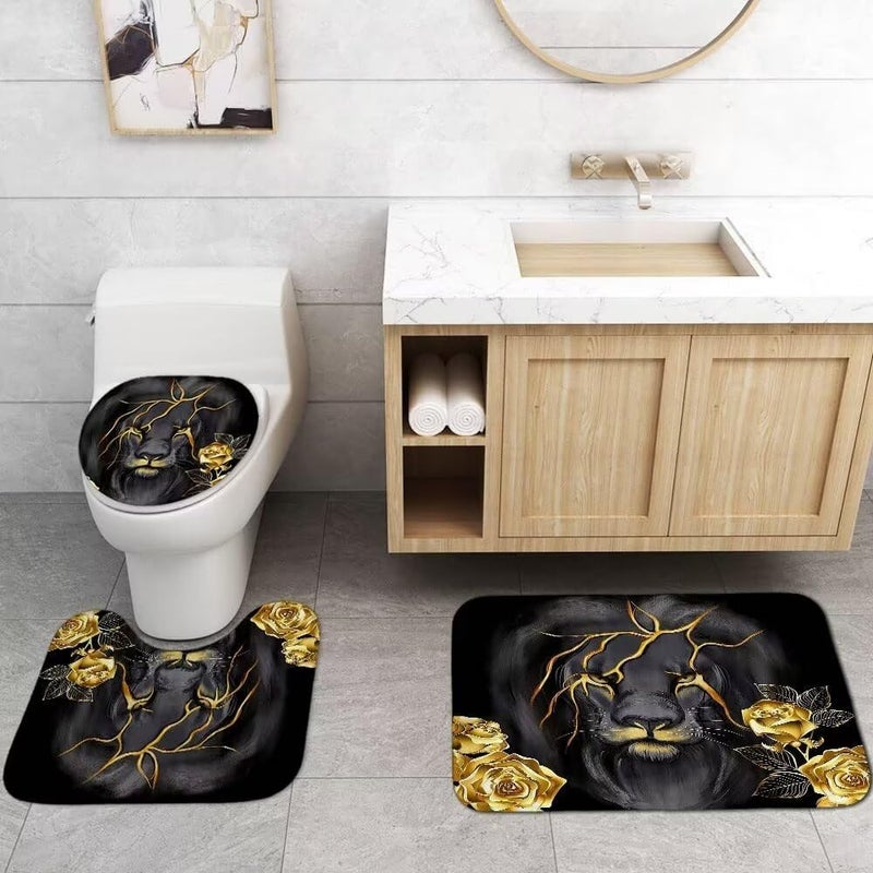 jieprom 4 PCS Gold Rose and Lion Bathroom Set with Shower Curtain Set with Rugs  Gold Bathroom assessories  Black Lion Shower Curtain - Image 3
